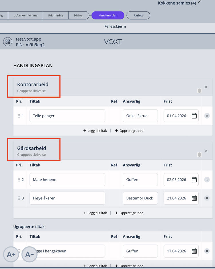 Gruppering av tiltak i handlingsplan